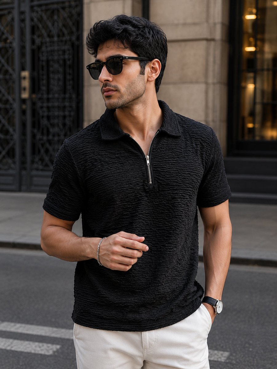 Black Textured Polo - Polo T-shirts | MyDesignation