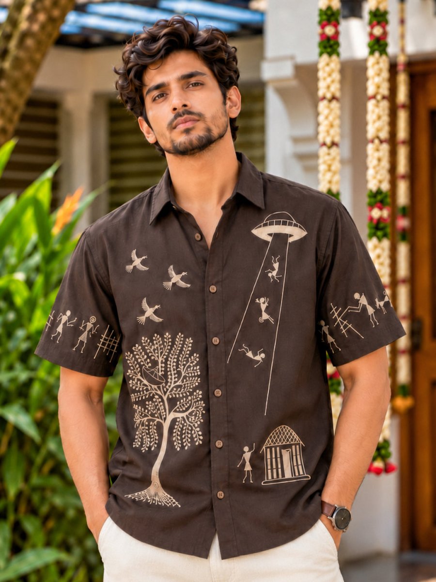 Cosmic Visitors Warli Embroidered - Shirt | MyDesignation