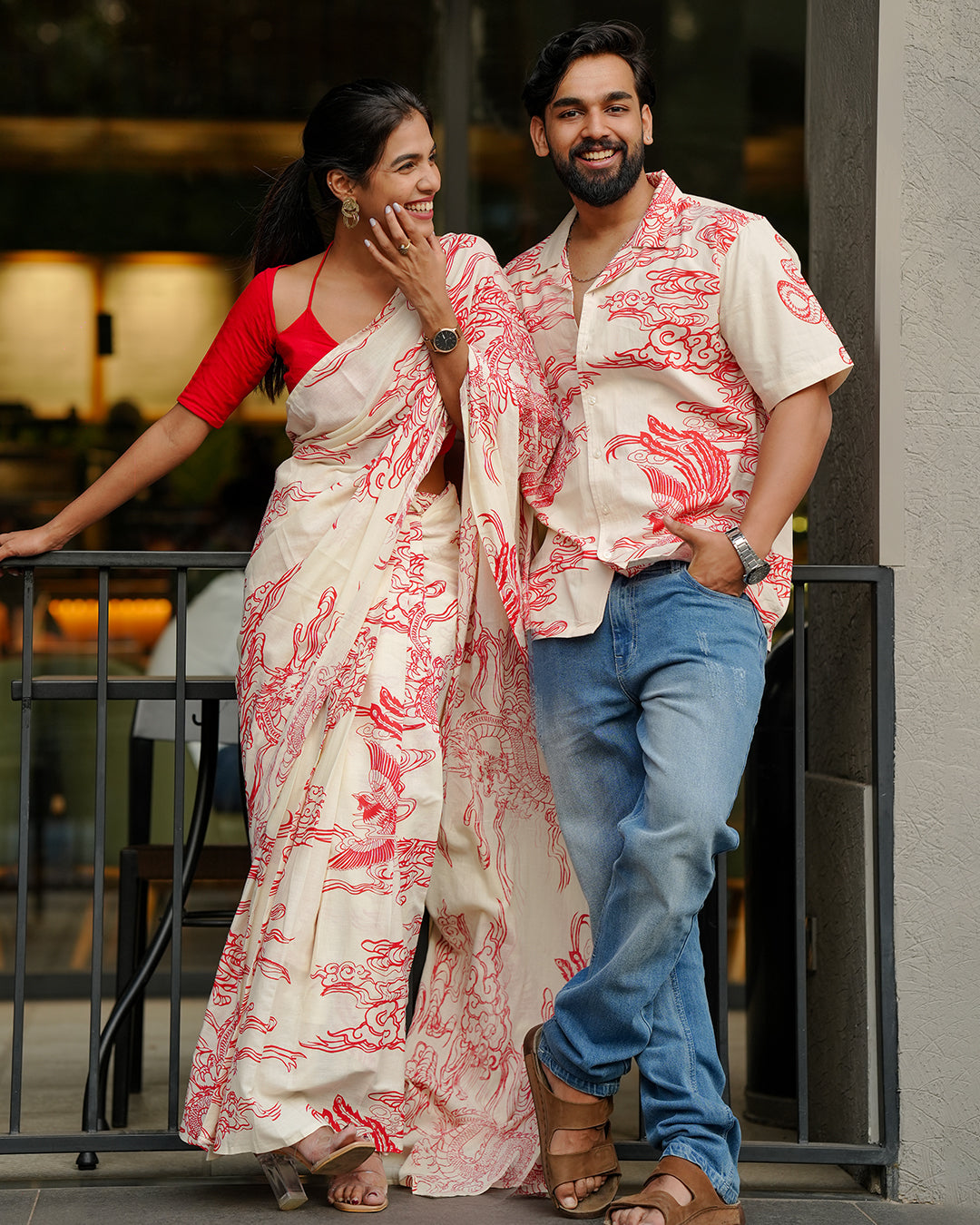 Cotton Dragon Shirt and Dragon Saree couple combo. Mydesignation
