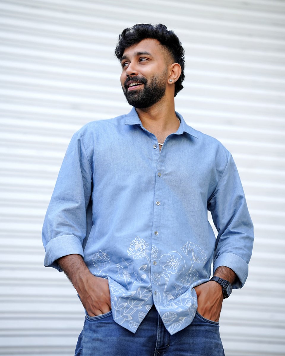 Floral Denim Embroidered - Men Shirt | Mydesignation