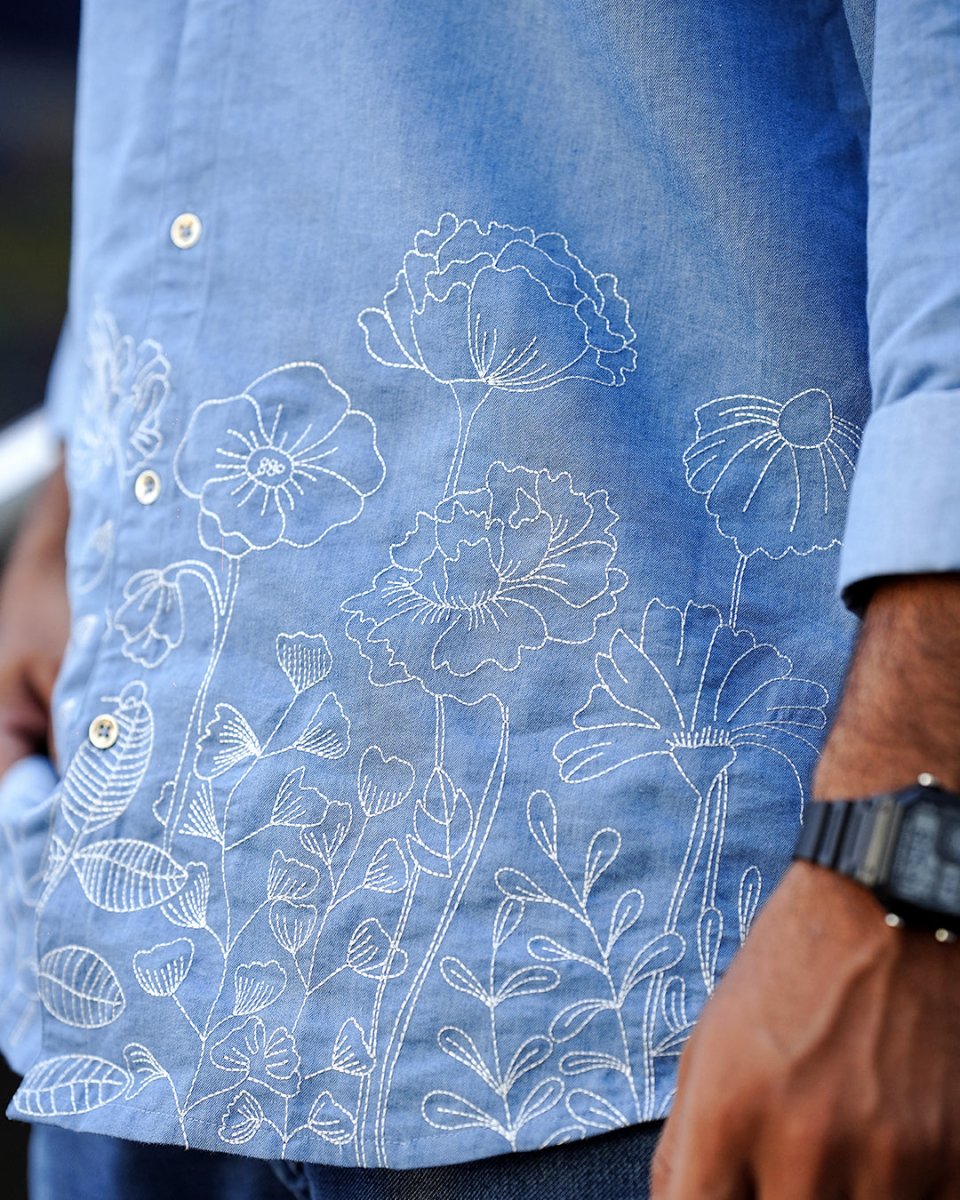 Floral Denim Embroidered - Men Shirt | Mydesignation