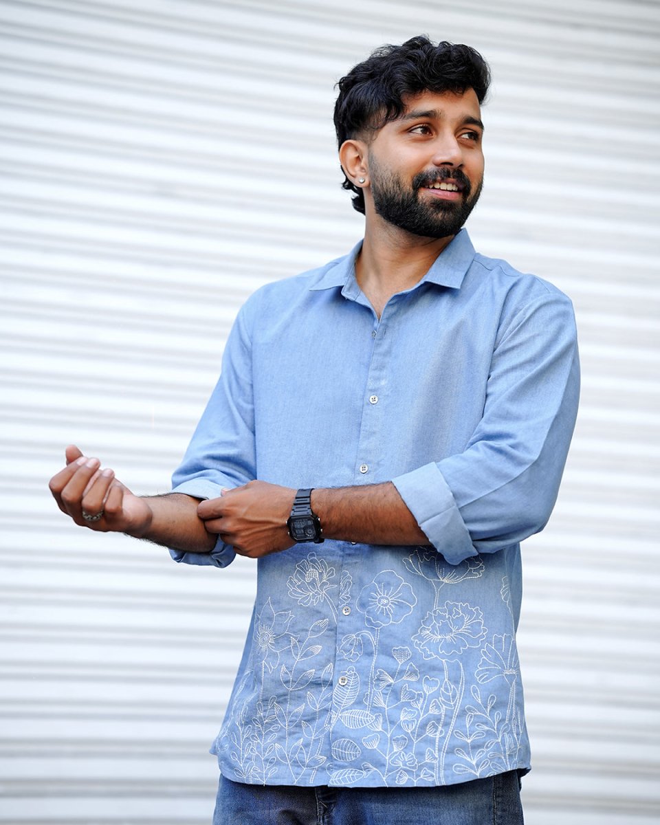 Floral Denim Embroidered - Men Shirt | Mydesignation