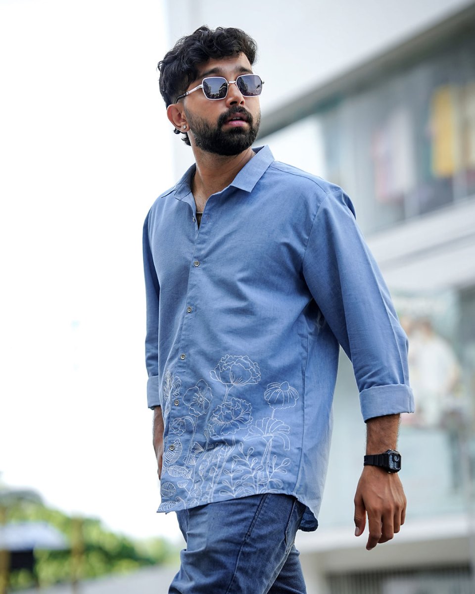 Floral Denim Embroidered - Men Shirt | Mydesignation