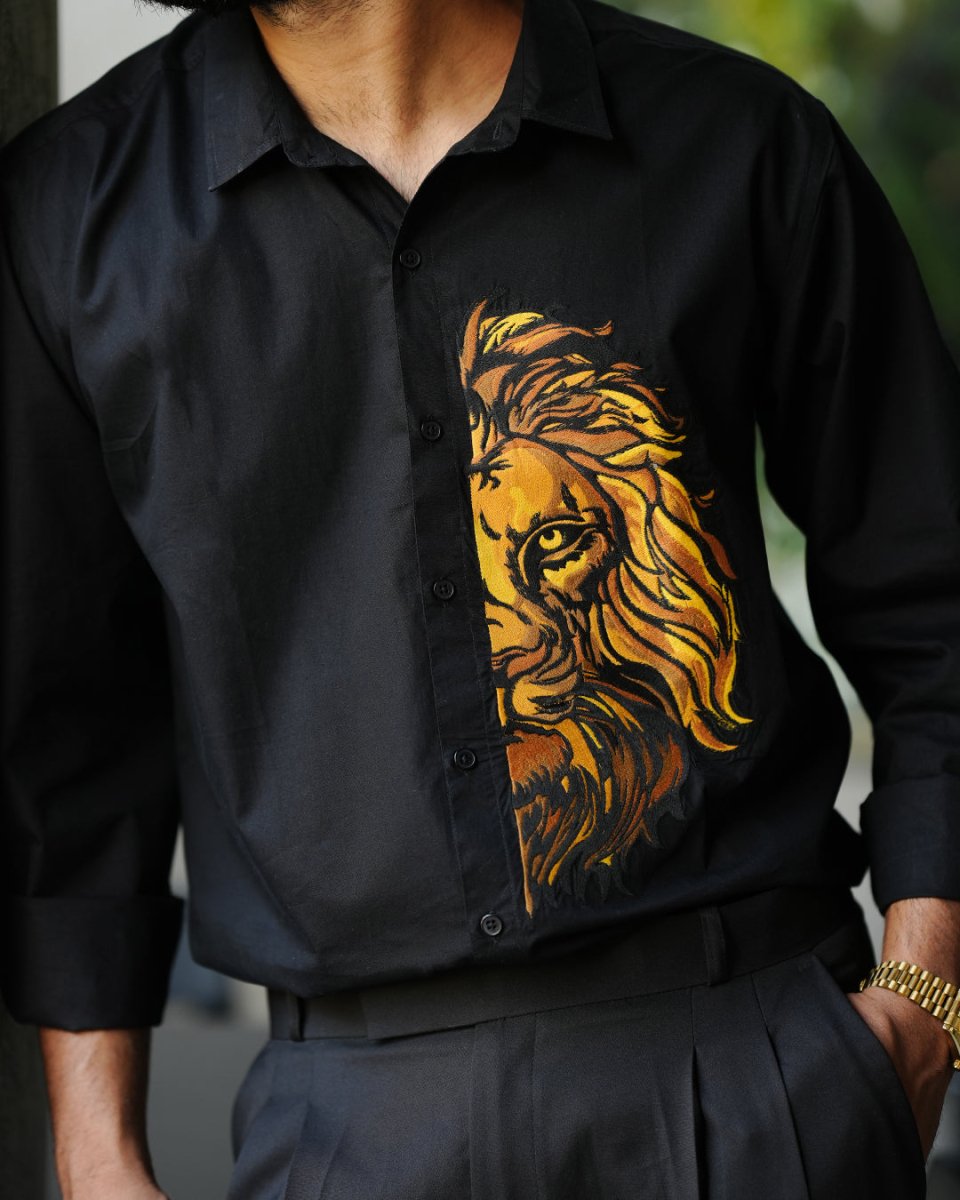 black dress shirt with gold design Hisdern Men's Black Gold Splicing Dress Shirt For Office Wear L