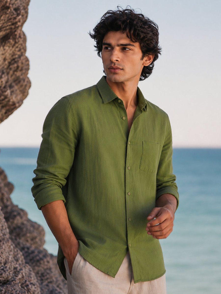 olive green dress shirt mens Linen | Premium Formal Casual Size:US  16 How to Design a Muslim Dress