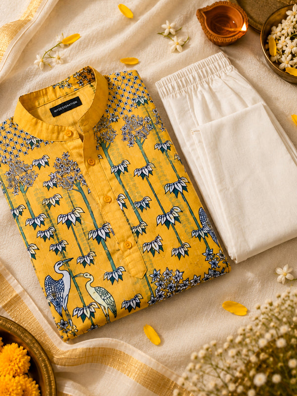 Yellow Floral Kurta Pant combo