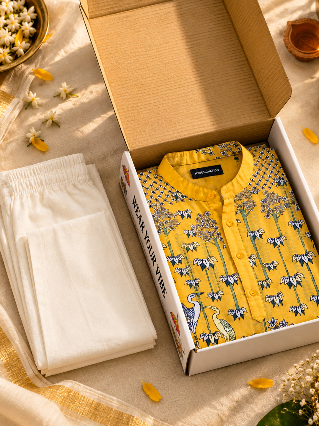 Yellow Floral Kurta Pant combo
