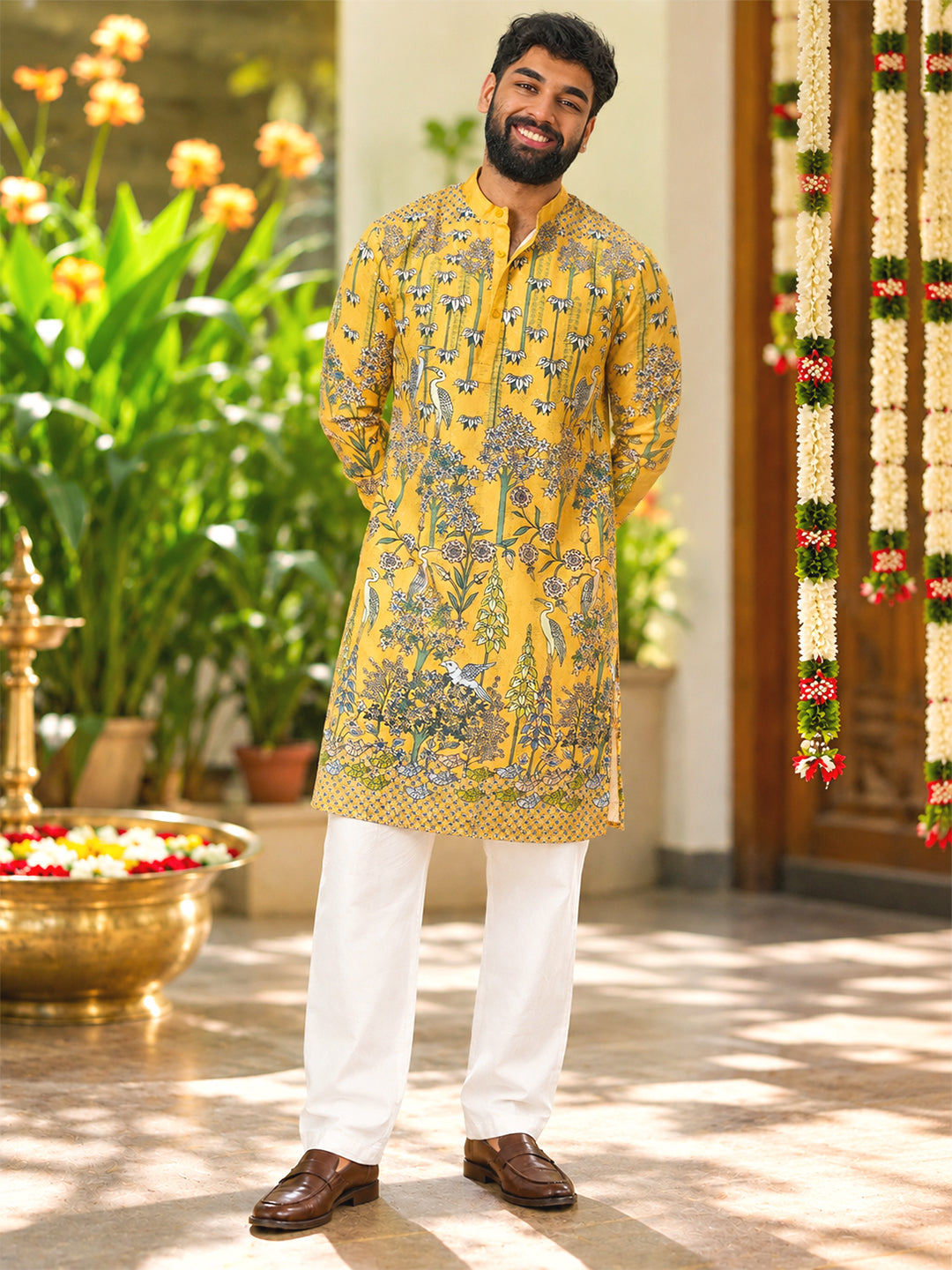 Yellow Floral Kurta Pant combo