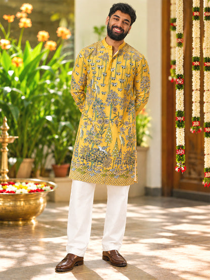Yellow Floral Kurta Pant combo