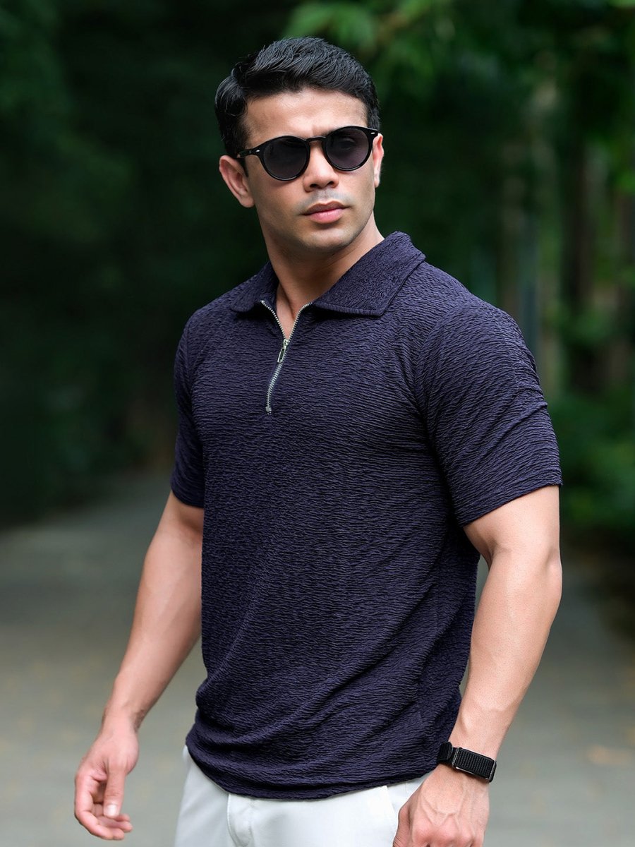Blue Textured Polo - Polo T-shirts | Mydesignation