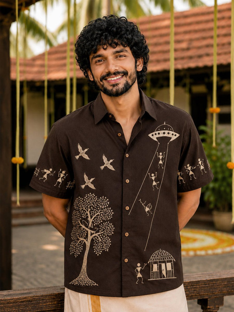 Cosmic Visitors Warli Embroidered - Shirt | MyDesignation