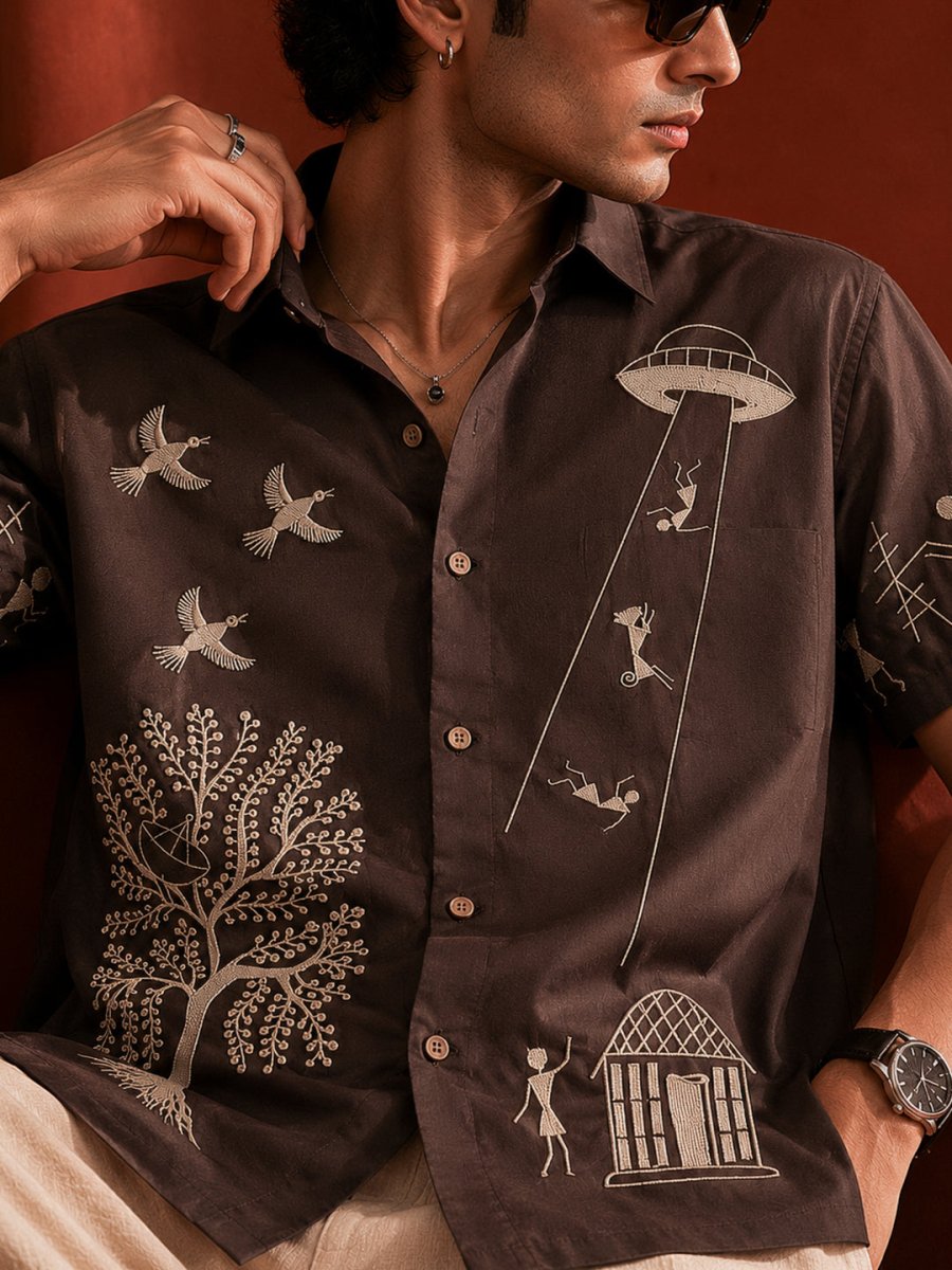 Cosmic Visitors Warli Embroidered - Shirt | MyDesignation