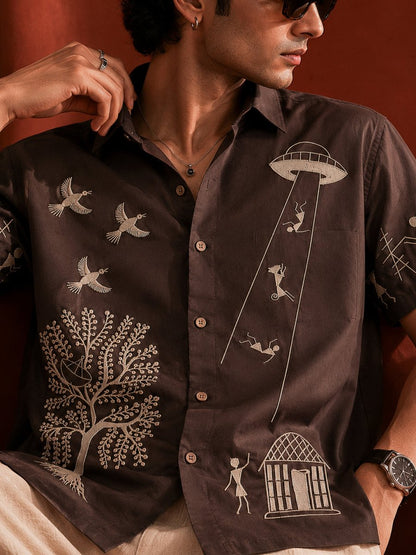 Cosmic Visitors Warli Embroidered - Shirt | MyDesignation