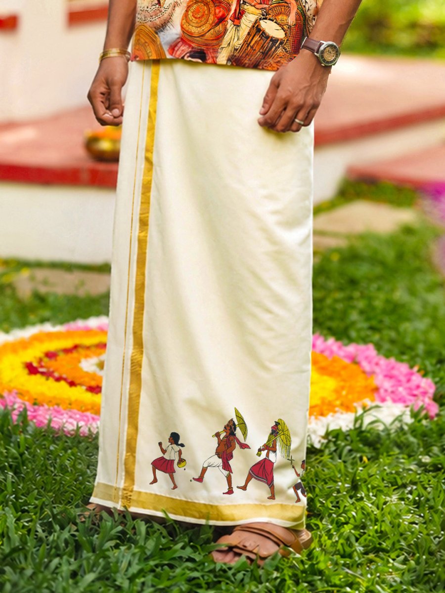 Golden Kasavu Printed Mundu - Mundu | MyDesignation
