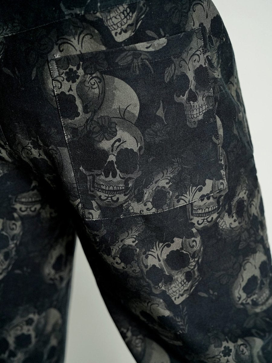 Phantom Pant, an all over tonal skull and floral print that blends into the black base, Baggy Fit, Mydesignation