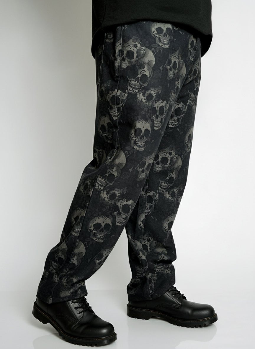 Phantom Pant, an all over tonal skull and floral print that blends into the black base, Baggy Fit, Mydesignation
