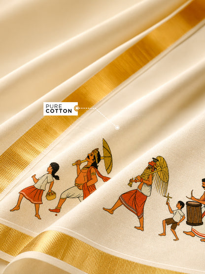 Golden Kasavu Printed Mundu