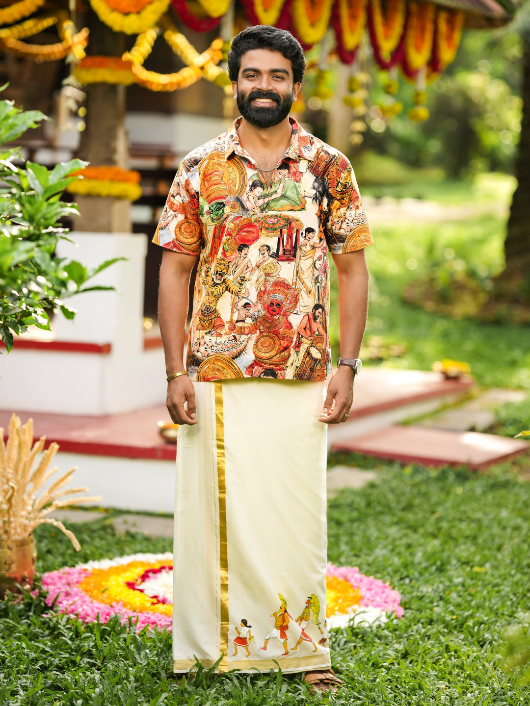 Golden Kasavu Printed Mundu