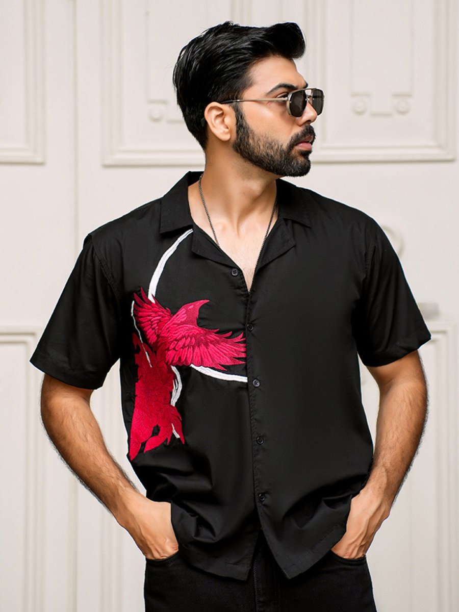 Men's Raven Embroidered Black Cotton Shirt | Mydesignation MyDesignation Men's Raven Embroidered Black Cotton Shirt | Mydesignation MyDesignation