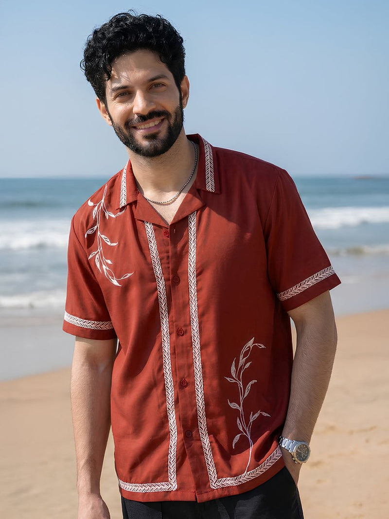 Red Leaf Embroidered Shirt | Summer Collection - Shirt | Mydesignation