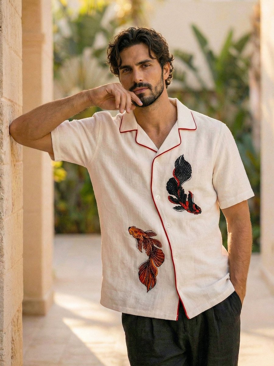 Twin Fish Embroidered Shirt - Men Shirt | Mydesignation