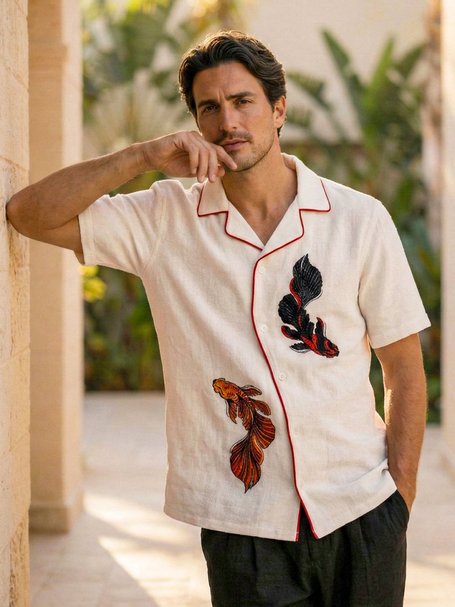 Twin Fish Embroidered Shirt - Men Shirt | Mydesignation