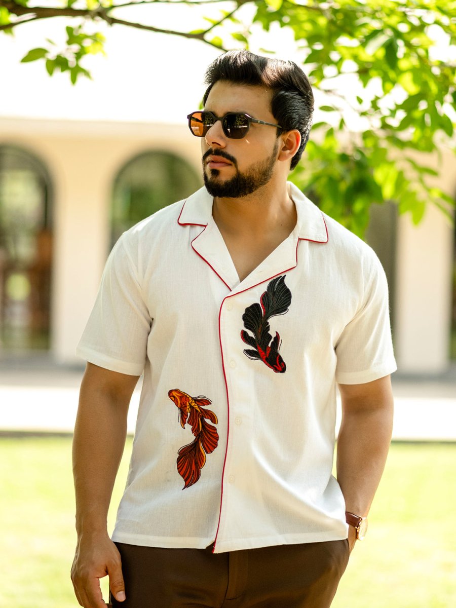 Mydesignation Men Cotton Linen Shirt | White, Embroidery, Relaxed Fit ...